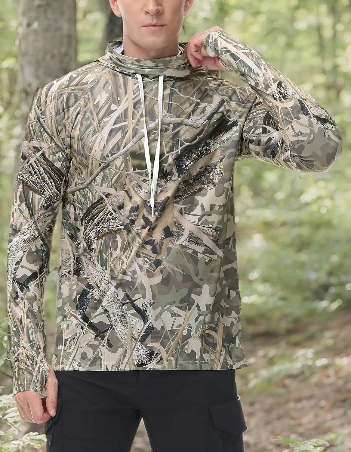FISHEAL Men's Hunting Shirts with Mask - UPF 50  Camo Long Sleeve Fishing Hoodie Shirt with Adjustable Drawstring