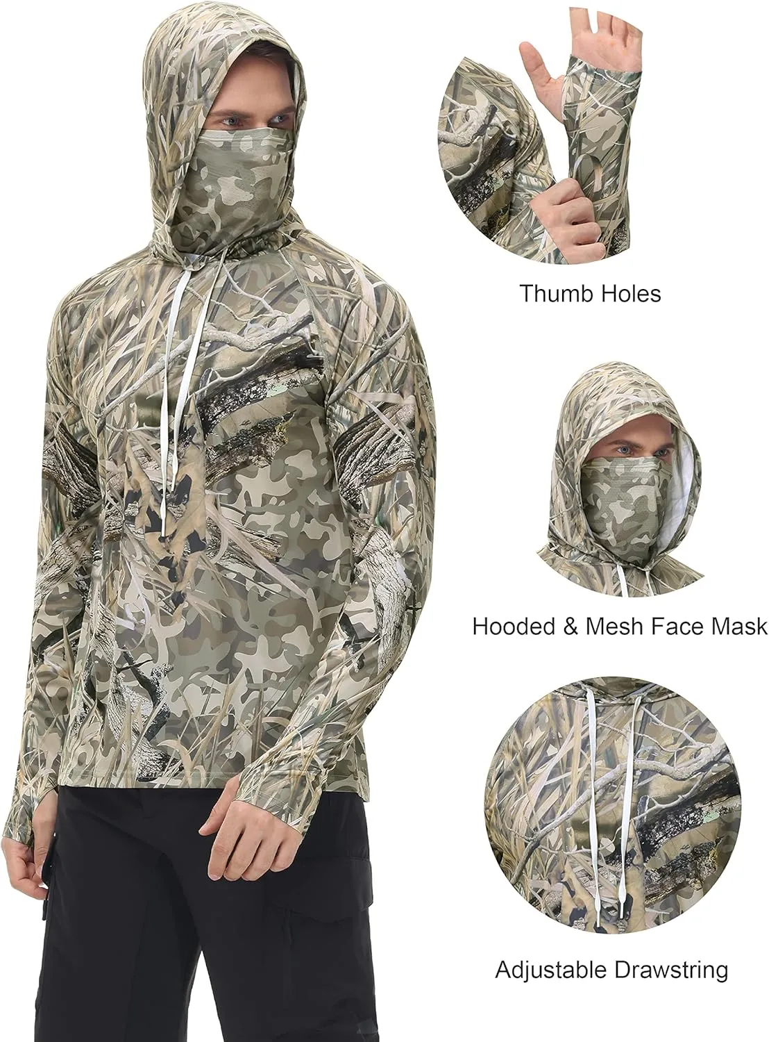 FISHEAL Men's Hunting Shirts with Mask - UPF 50  Camo Long Sleeve Fishing Hoodie Shirt with Adjustable Drawstring