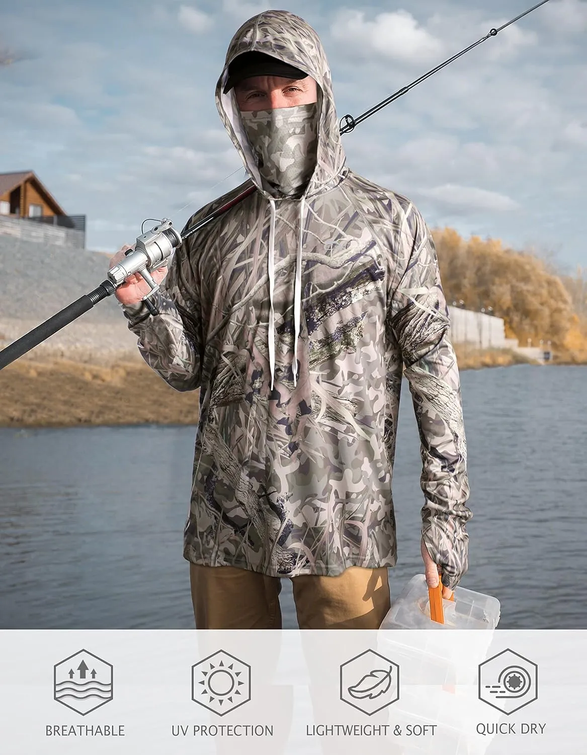 FISHEAL Men's Hunting Shirts with Mask - UPF 50  Camo Long Sleeve Fishing Hoodie Shirt with Adjustable Drawstring