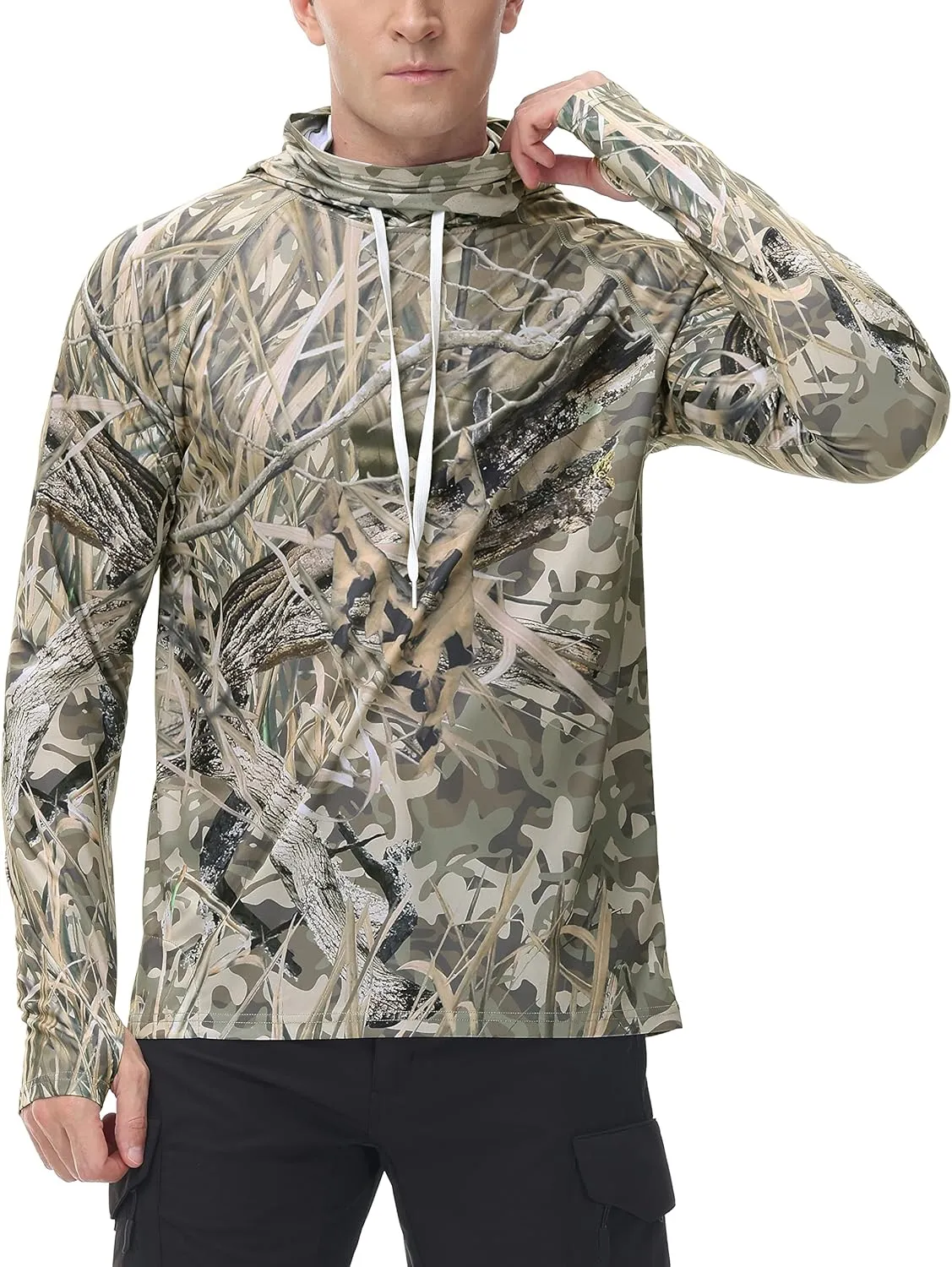 FISHEAL Men's Hunting Shirts with Mask - UPF 50  Camo Long Sleeve Fishing Hoodie Shirt with Adjustable Drawstring
