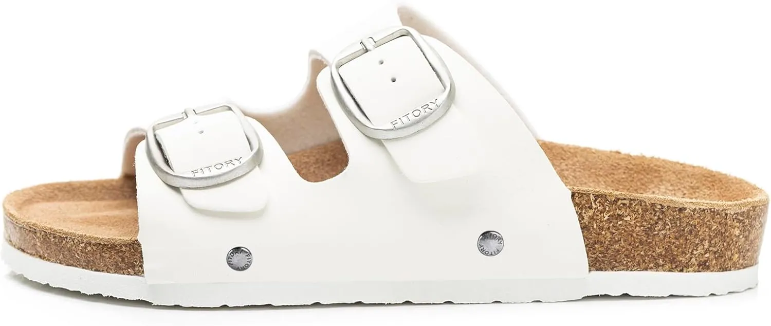 FITORY Womens Flat Sandals with Cork Footbed, Open Toe Slides Adjustable Slip On Slippers for Summer Size 6-11