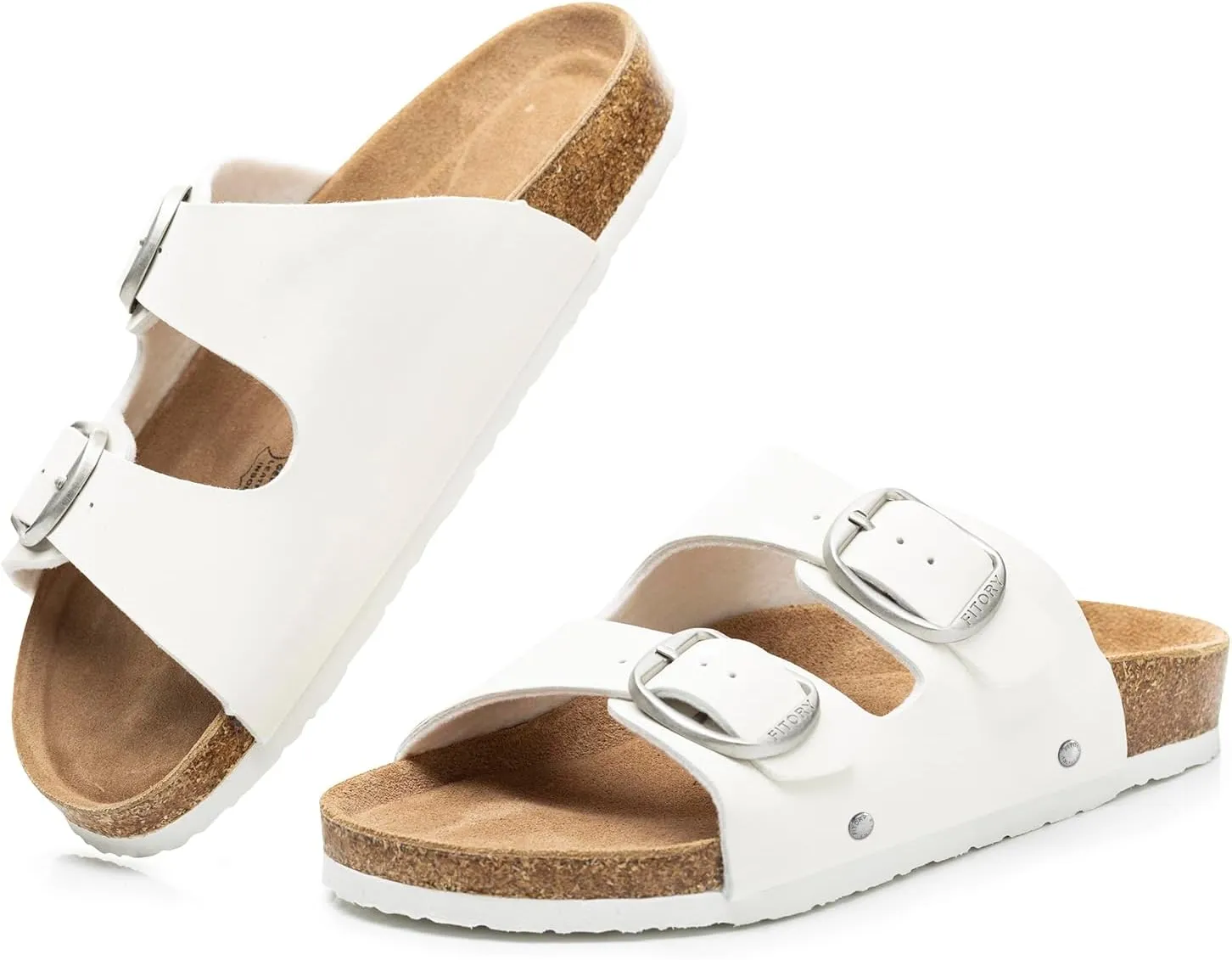 FITORY Womens Flat Sandals with Cork Footbed, Open Toe Slides Adjustable Slip On Slippers for Summer Size 6-11