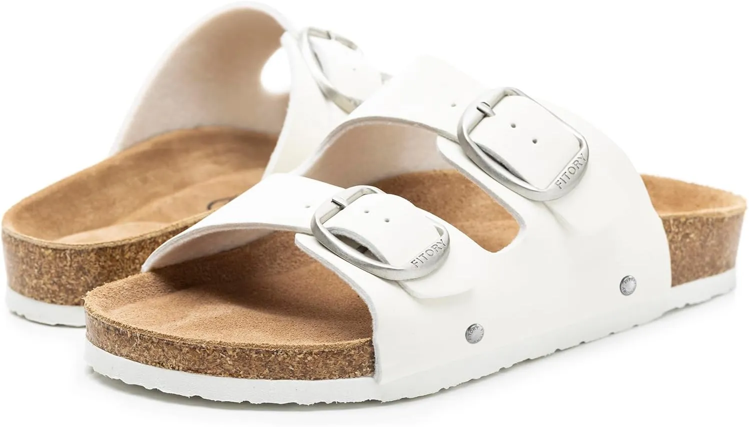 FITORY Womens Flat Sandals with Cork Footbed, Open Toe Slides Adjustable Slip On Slippers for Summer Size 6-11