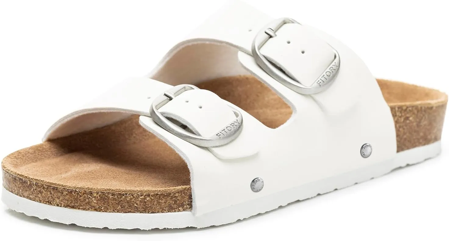 FITORY Womens Flat Sandals with Cork Footbed, Open Toe Slides Adjustable Slip On Slippers for Summer Size 6-11