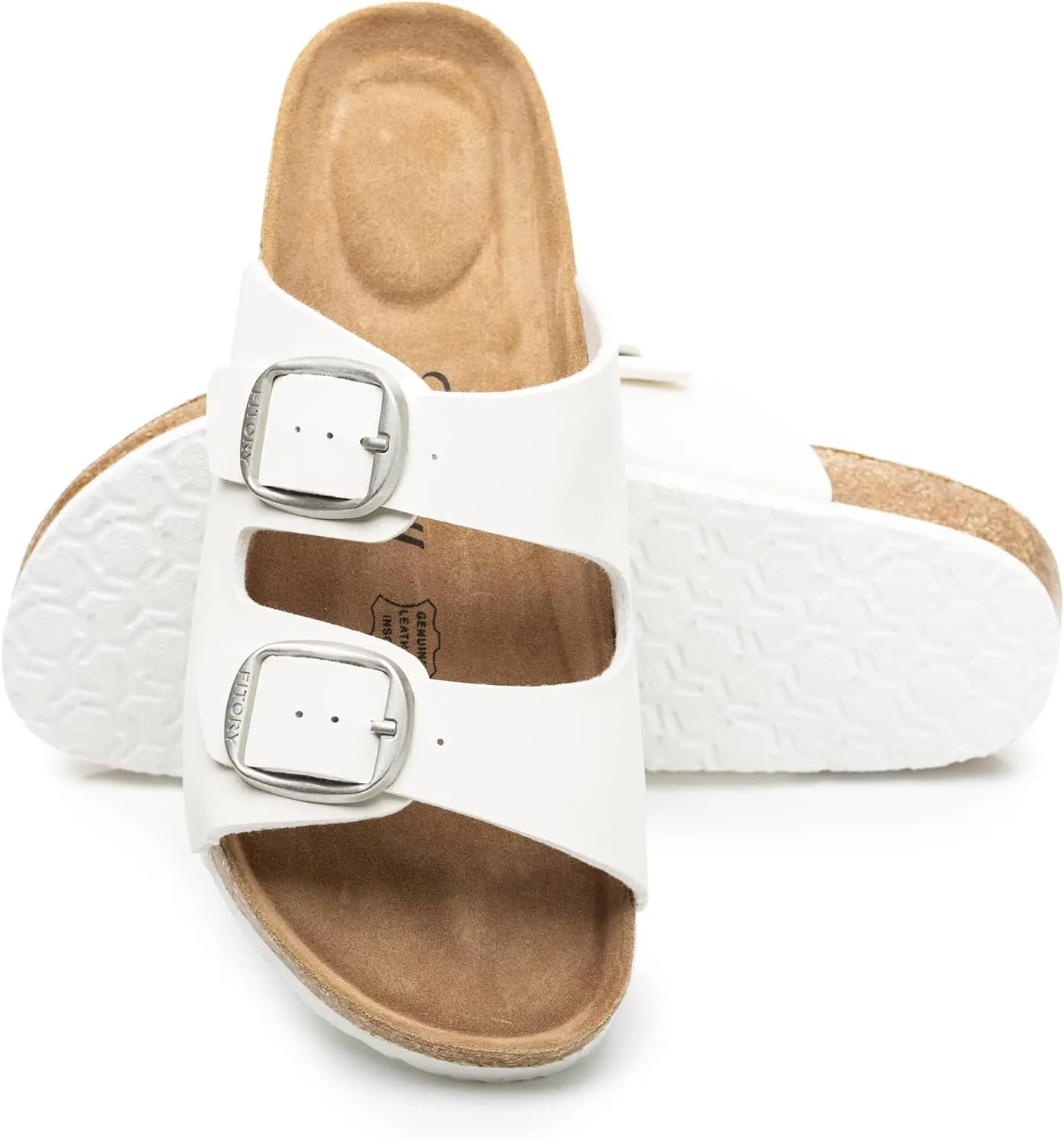FITORY Womens Flat Sandals with Cork Footbed, Open Toe Slides Adjustable Slip On Slippers for Summer Size 6-11