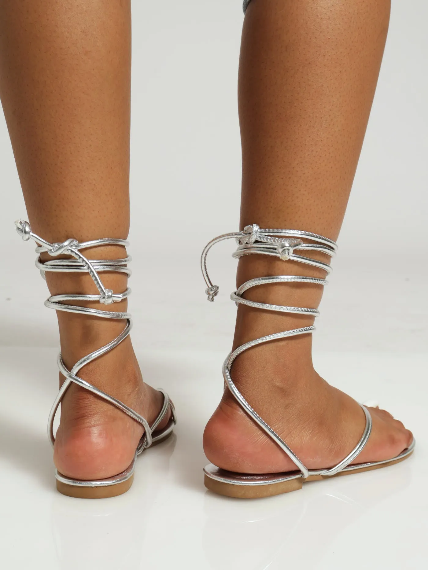 Flat Basic Toe Post Sandal With Ankle Tie - Silver