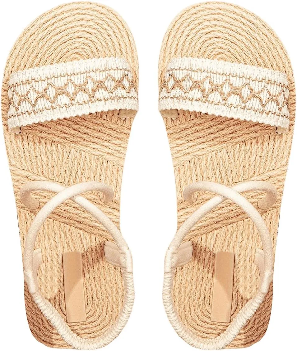 Floerns Women's Round Open Toe Straw Flat Sandals Cross Ankle Straps Beach Sandals