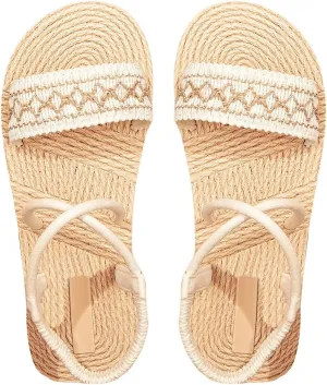 Floerns Women's Round Open Toe Straw Flat Sandals Cross Ankle Straps Beach Sandals