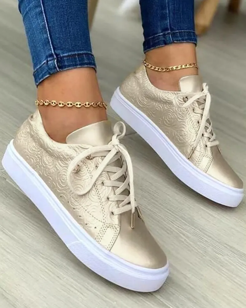 Floral Pattern Lace up Eyelet Sneakers