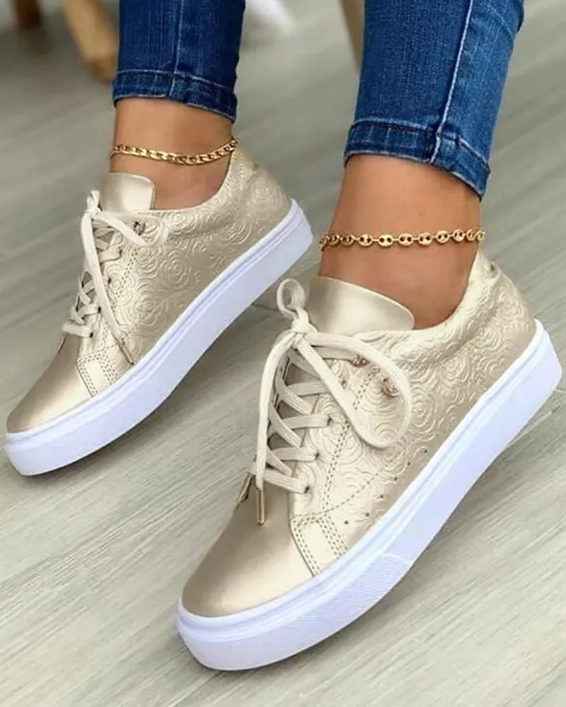 Floral Pattern Lace up Eyelet Sneakers