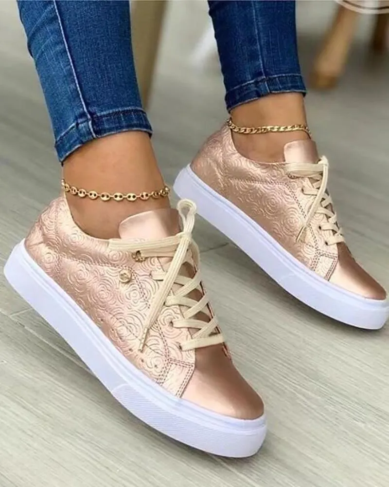 Floral Pattern Lace up Eyelet Sneakers