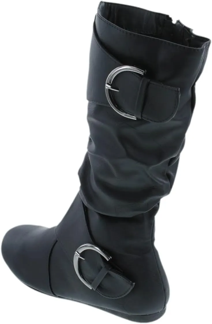Forever Link Women's Klein-70 Closed Round Toe Buckle Slouch Flat Heel Mid-Calf Boot