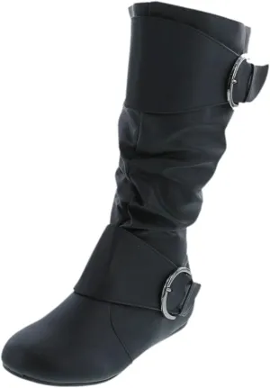 Forever Link Women's Klein-70 Closed Round Toe Buckle Slouch Flat Heel Mid-Calf Boot