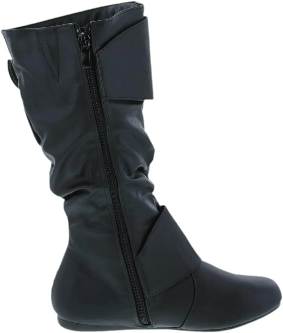 Forever Link Women's Klein-70 Closed Round Toe Buckle Slouch Flat Heel Mid-Calf Boot