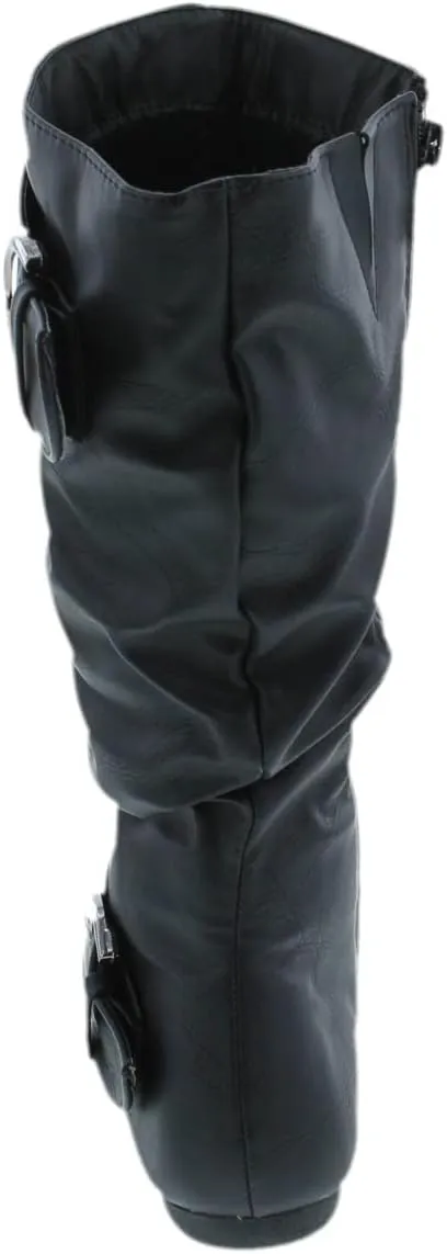 Forever Link Women's Klein-70 Closed Round Toe Buckle Slouch Flat Heel Mid-Calf Boot