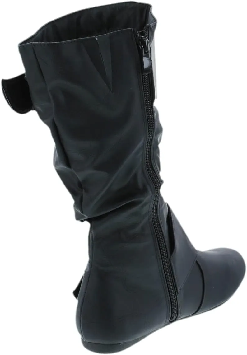 Forever Link Women's Klein-70 Closed Round Toe Buckle Slouch Flat Heel Mid-Calf Boot