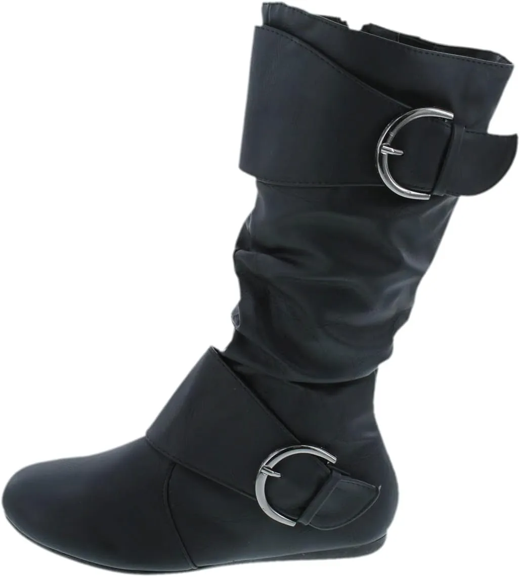 Forever Link Women's Klein-70 Closed Round Toe Buckle Slouch Flat Heel Mid-Calf Boot