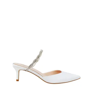 Frankie - Pointed Toe Mule with Braided Crystal Strap - Ivory Silk Satin