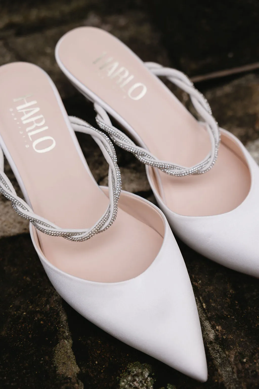Frankie - Pointed Toe Mule with Braided Crystal Strap - Ivory Silk Satin