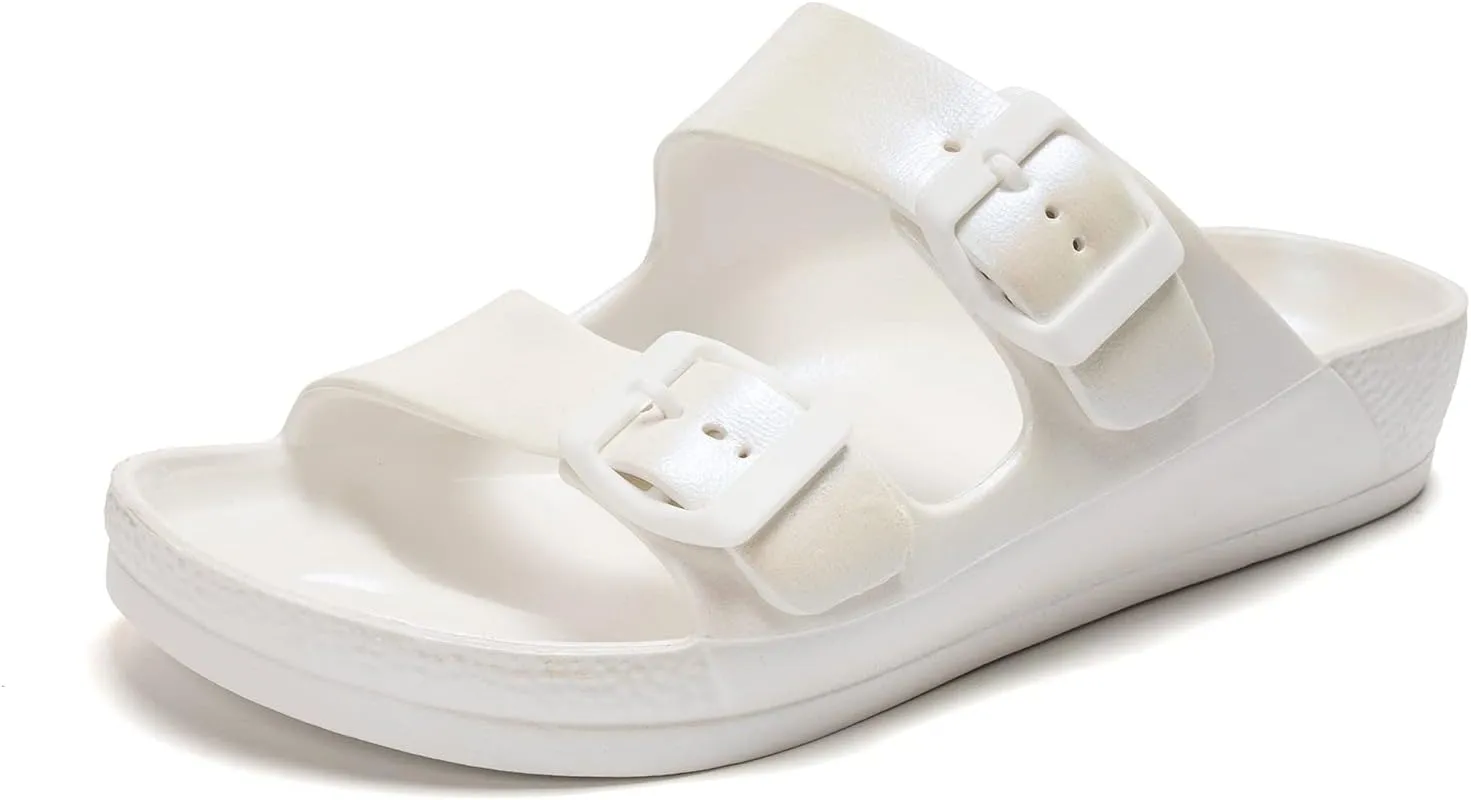 FUNKYMONKEY Women's Comfort Slides Double Buckle Adjustable Plastics Flat Sandals