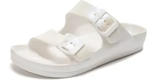 FUNKYMONKEY Women's Comfort Slides Double Buckle Adjustable Plastics Flat Sandals