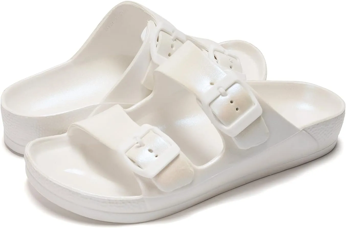 FUNKYMONKEY Women's Comfort Slides Double Buckle Adjustable Plastics Flat Sandals