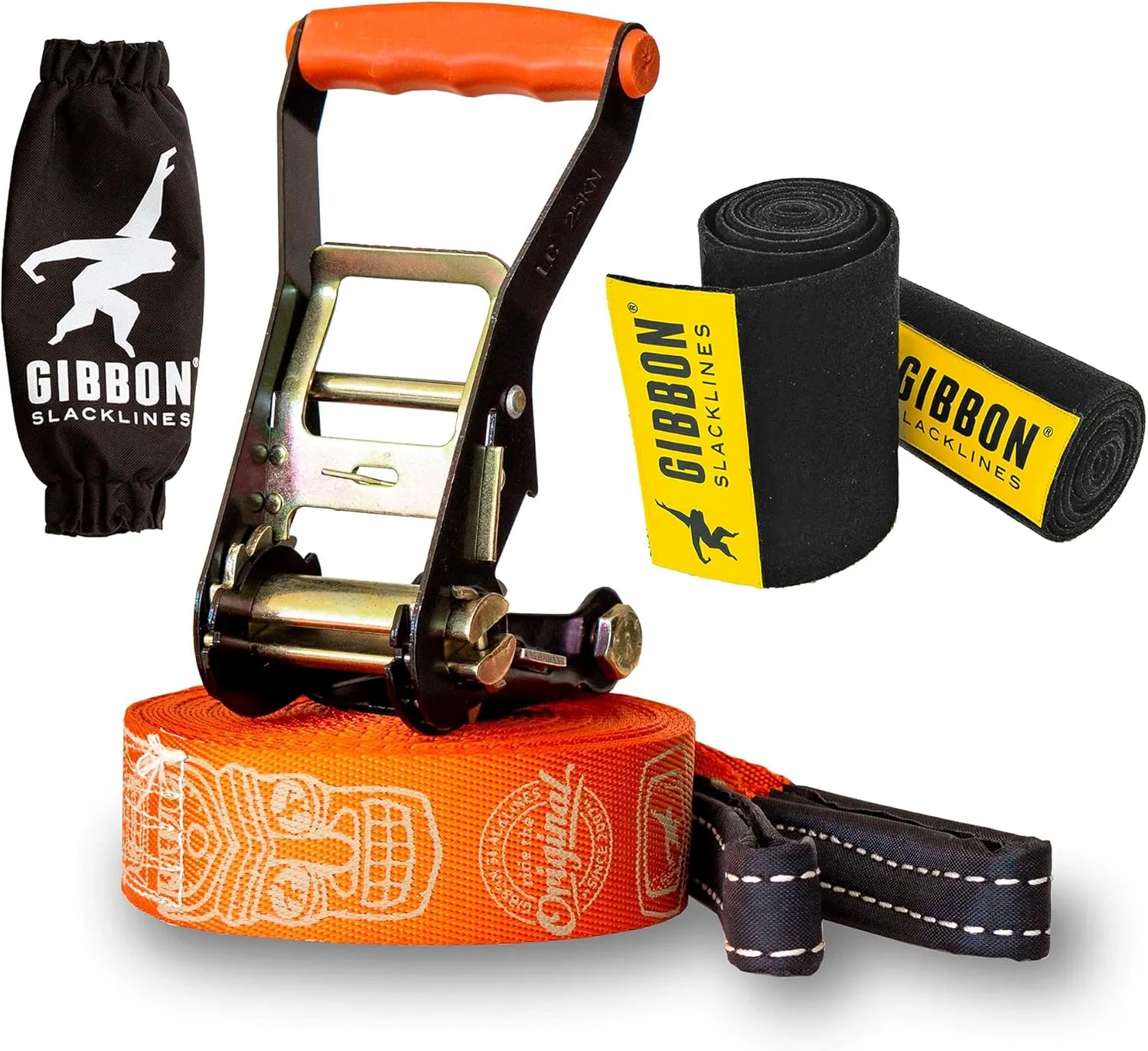 GIBBON TravelLine Slackline with TreeWear - Portable Slack Line 49ft - 41ft x 2” line & Two 8ft Ratchet Straps with Reinforced Loop