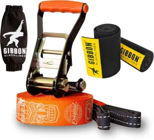 GIBBON TravelLine Slackline with TreeWear - Portable Slack Line 49ft - 41ft x 2” line & Two 8ft Ratchet Straps with Reinforced Loop