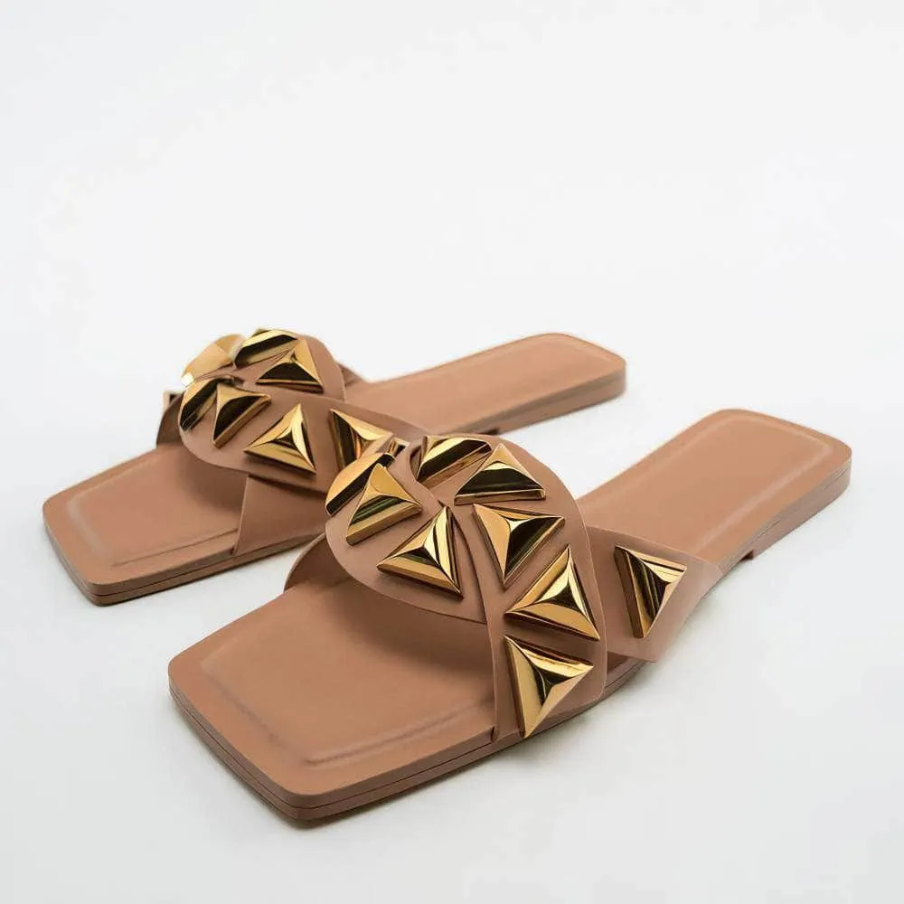 Gold Studded Slip On Flat Mules