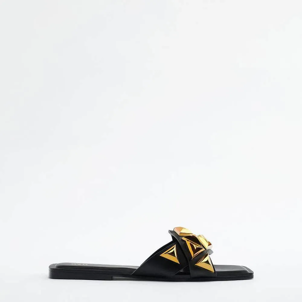 Gold Studded Slip On Flat Mules