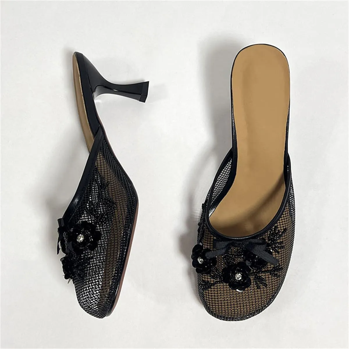 Goolita Summer Flower Beaded Mesh Mule Heels For Women, Closed Round Toe Slingback Kitten Heels Backless Slip On Party Evening Shoes