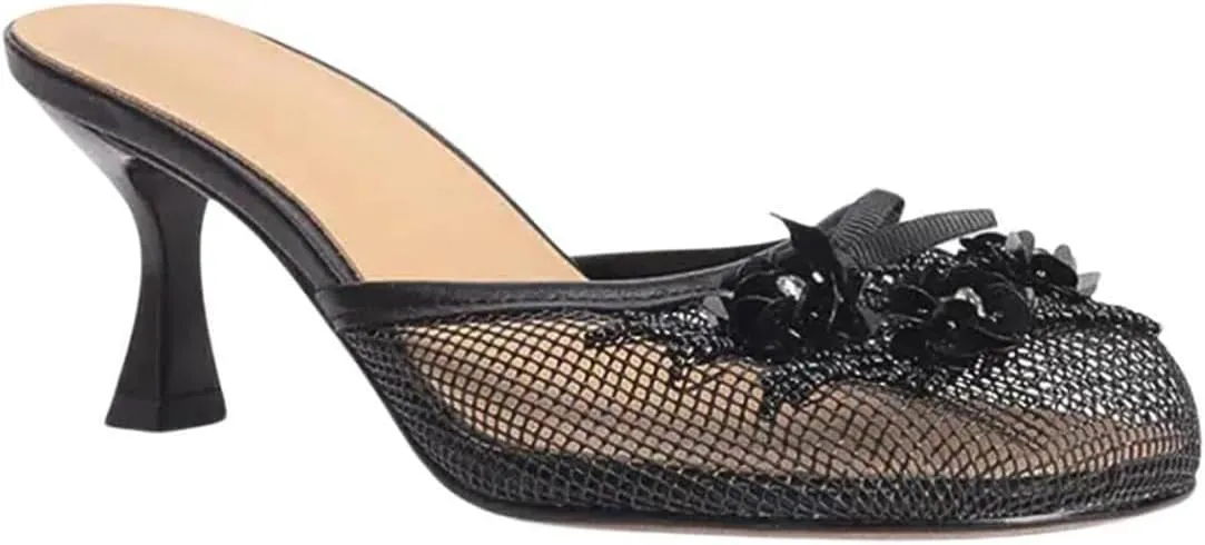 Goolita Summer Flower Beaded Mesh Mule Heels For Women, Closed Round Toe Slingback Kitten Heels Backless Slip On Party Evening Shoes
