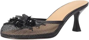 Goolita Summer Flower Beaded Mesh Mule Heels For Women, Closed Round Toe Slingback Kitten Heels Backless Slip On Party Evening Shoes