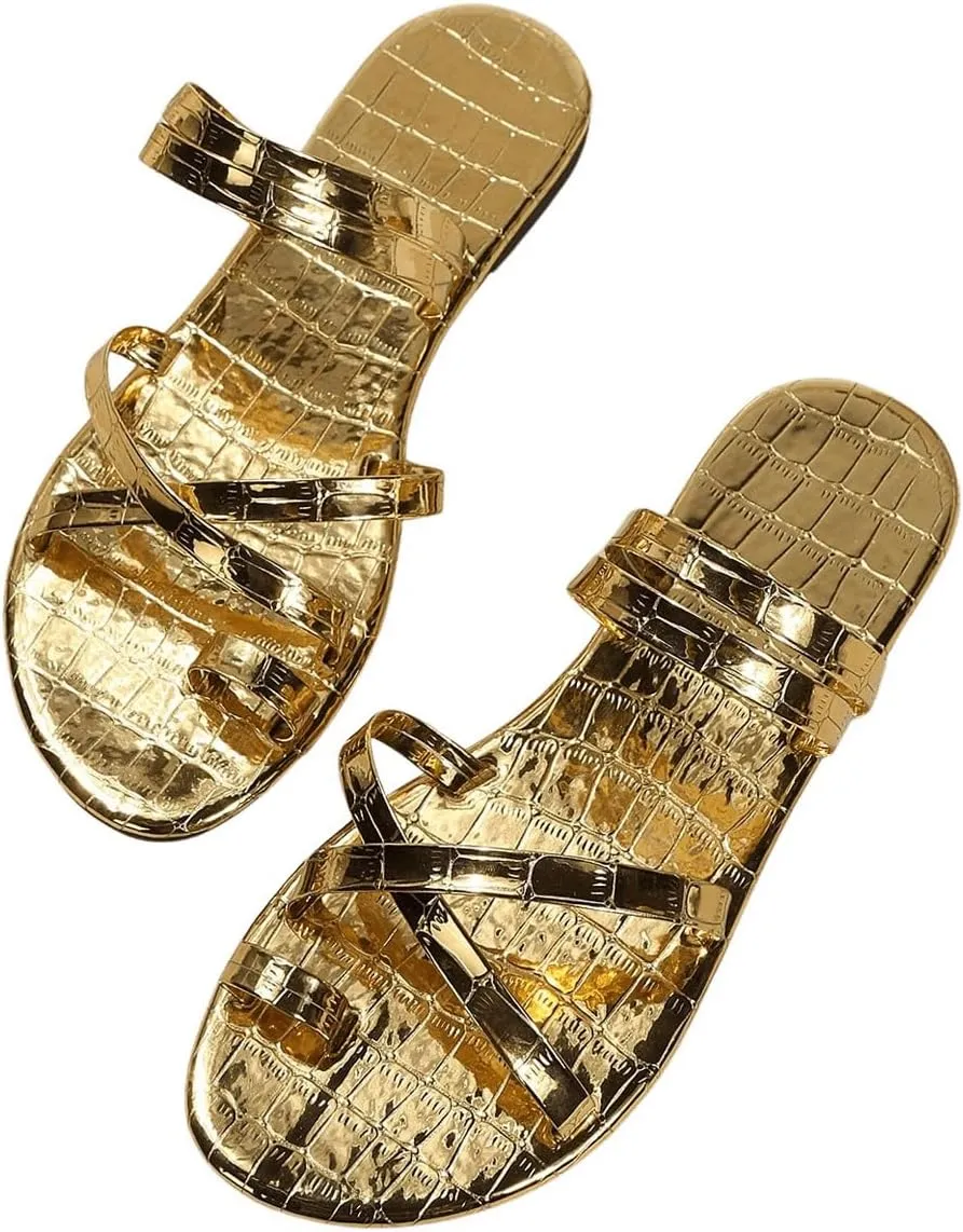 GORGLITTER Women's Gold Toe Ring Strappy Flat Sandals Dressy Metallic Open Toe Flip Flops Beach Slide Sandals 2025