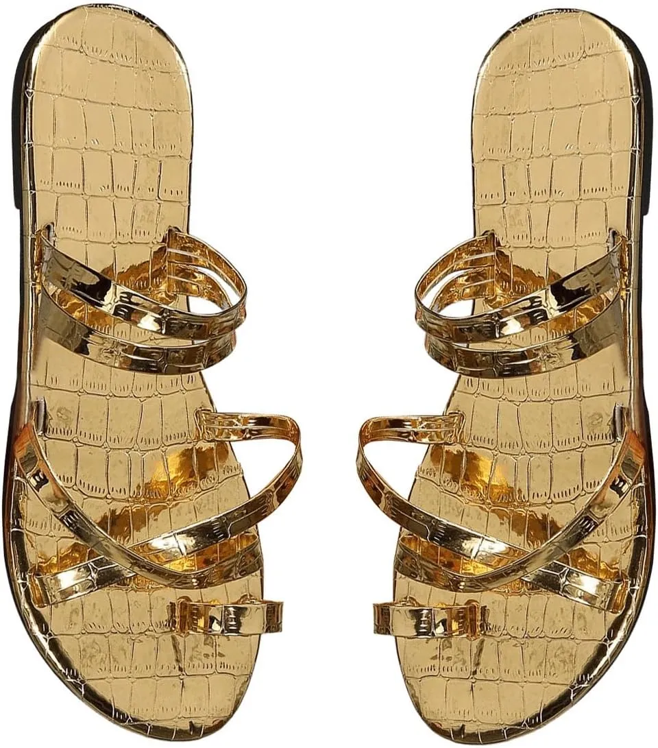 GORGLITTER Women's Gold Toe Ring Strappy Flat Sandals Dressy Metallic Open Toe Flip Flops Beach Slide Sandals 2025