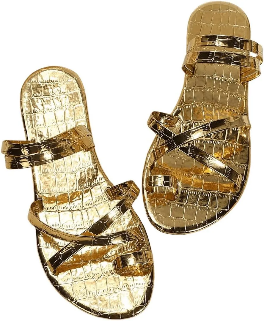 GORGLITTER Women's Gold Toe Ring Strappy Flat Sandals Dressy Metallic Open Toe Flip Flops Beach Slide Sandals 2025