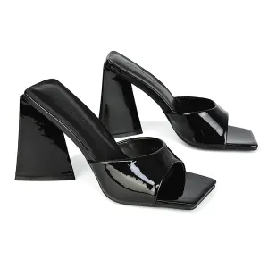 Gracia Square Peep Toe Sculptured Flared Block Heeled Mules in Black Patent