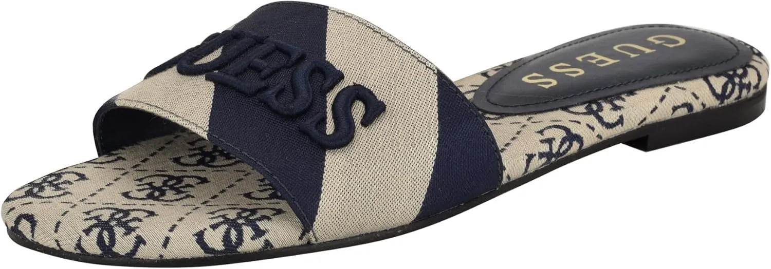 Guess Women's HARINI Flat Sandal, Dark Blue/White Stripe Multi 400, 6