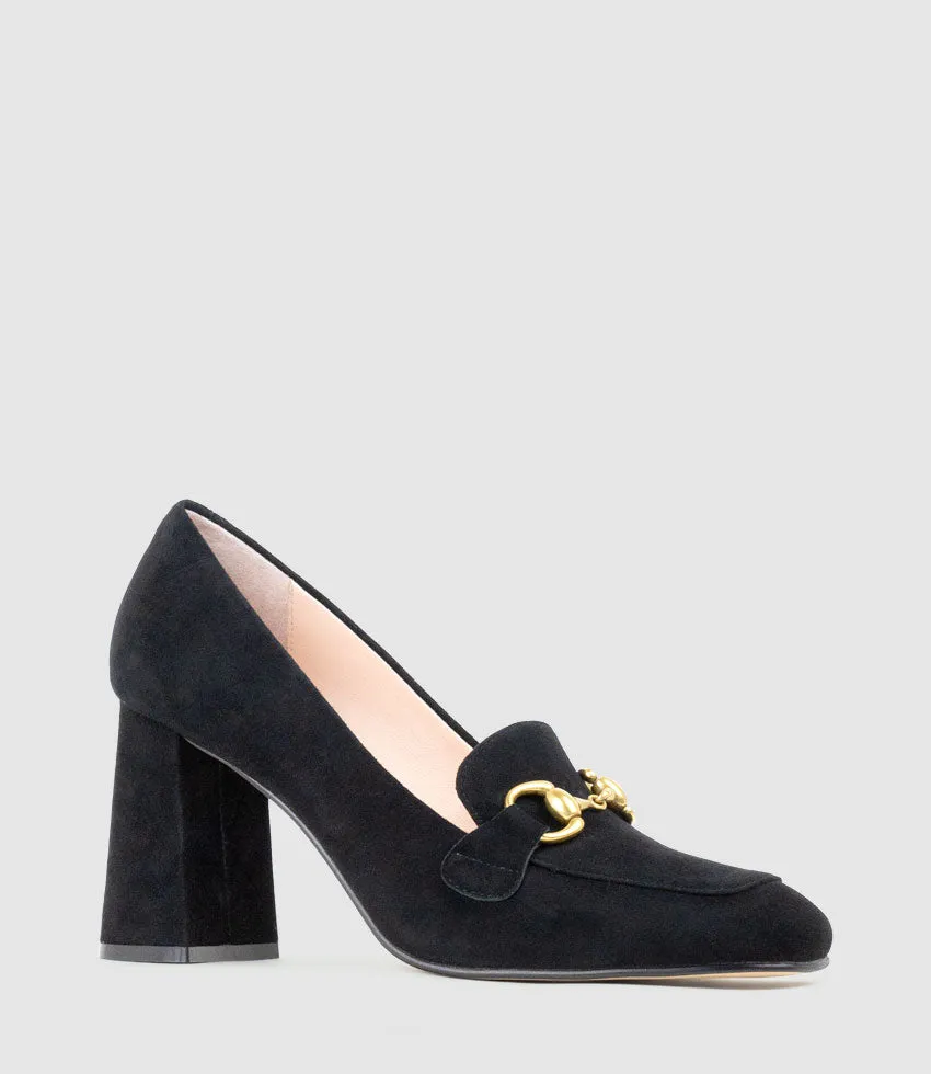 HADLEY85 Heeled Loafer in Black Suede