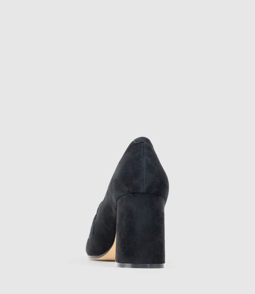 HADLEY85 Heeled Loafer in Black Suede