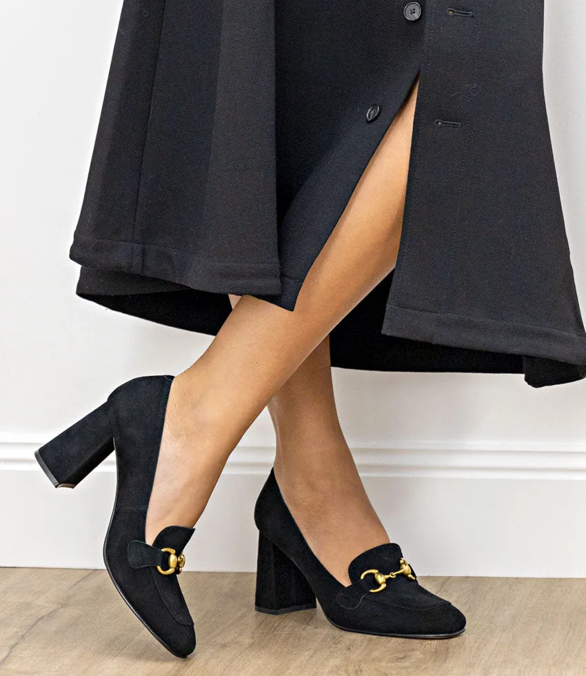 HADLEY85 Heeled Loafer in Black Suede