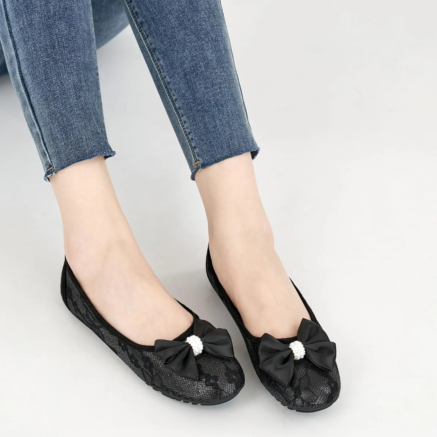 HARENCE Ballet Flats for Women Dressy: Comfortable Round Toe Bow Lace Mesh Wedding Flat Casual Slip On Walking Work Dress Shoes