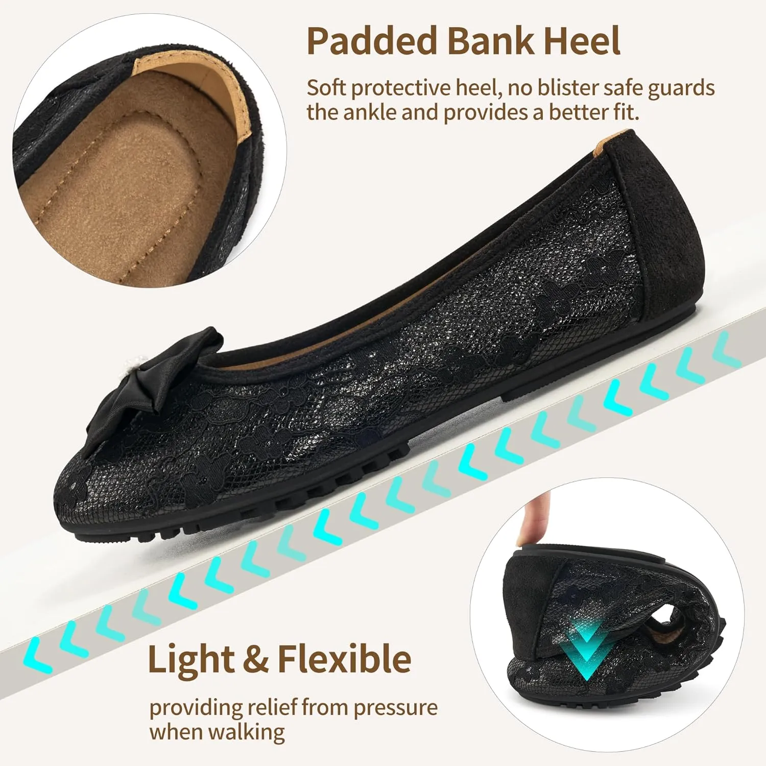 HARENCE Ballet Flats for Women Dressy: Comfortable Round Toe Bow Lace Mesh Wedding Flat Casual Slip On Walking Work Dress Shoes