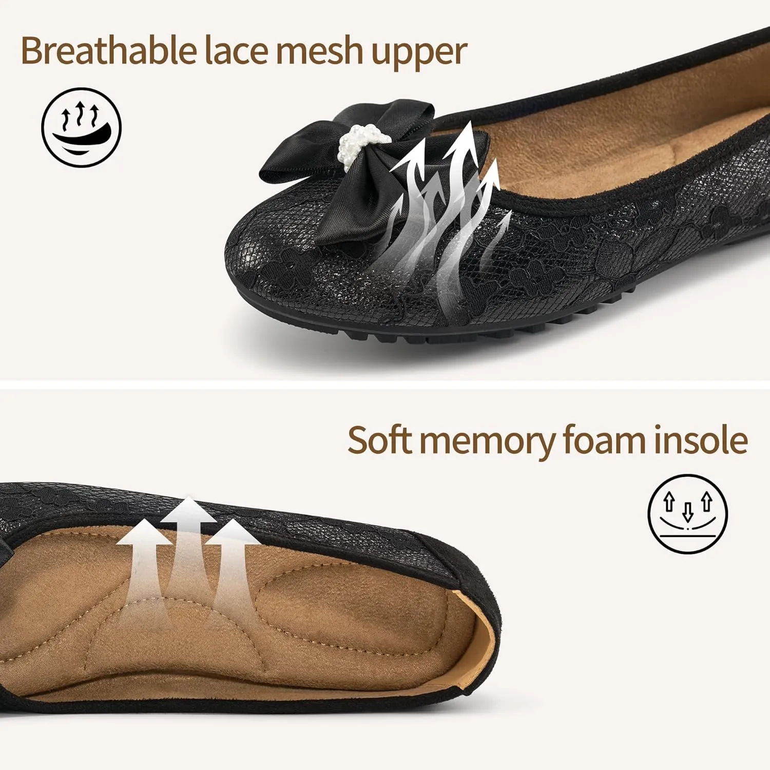 HARENCE Ballet Flats for Women Dressy: Comfortable Round Toe Bow Lace Mesh Wedding Flat Casual Slip On Walking Work Dress Shoes