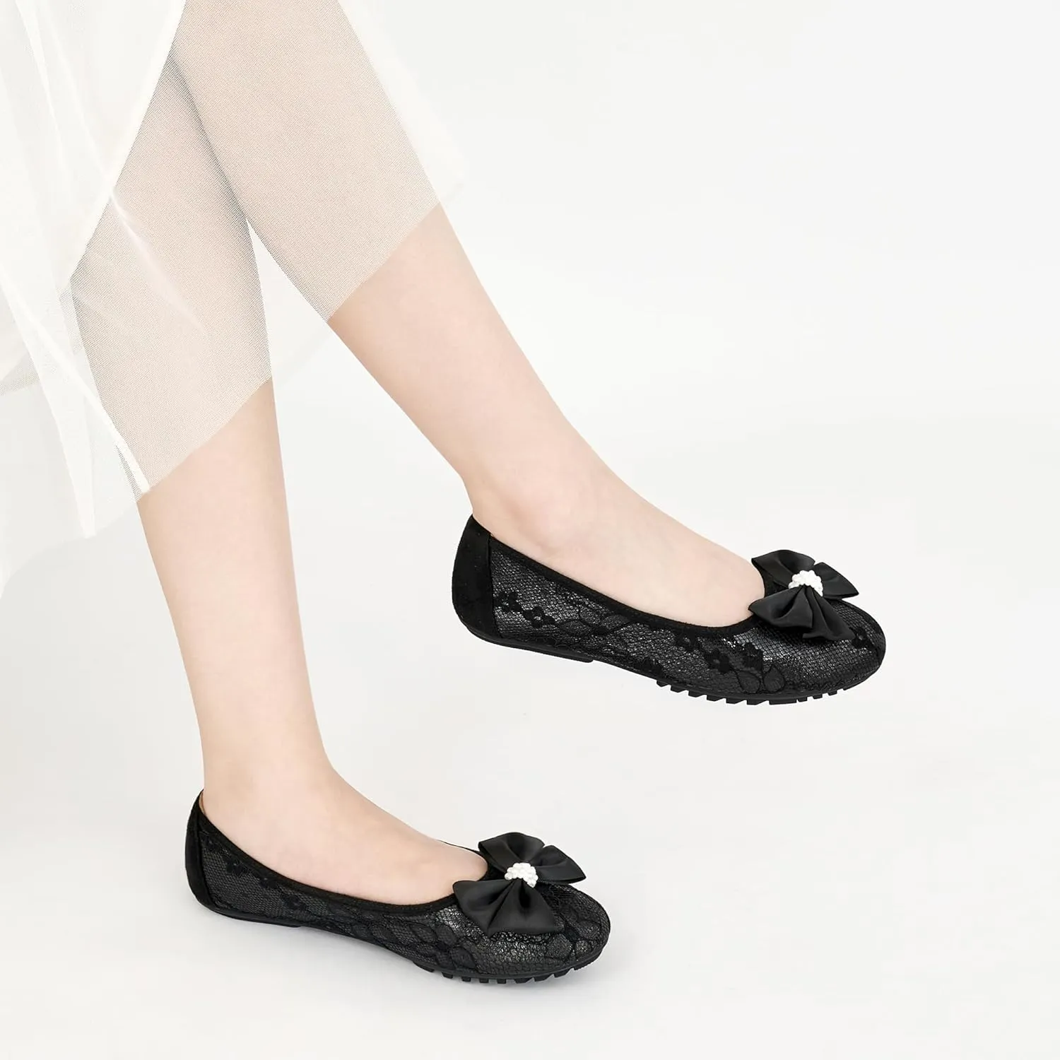 HARENCE Ballet Flats for Women Dressy: Comfortable Round Toe Bow Lace Mesh Wedding Flat Casual Slip On Walking Work Dress Shoes