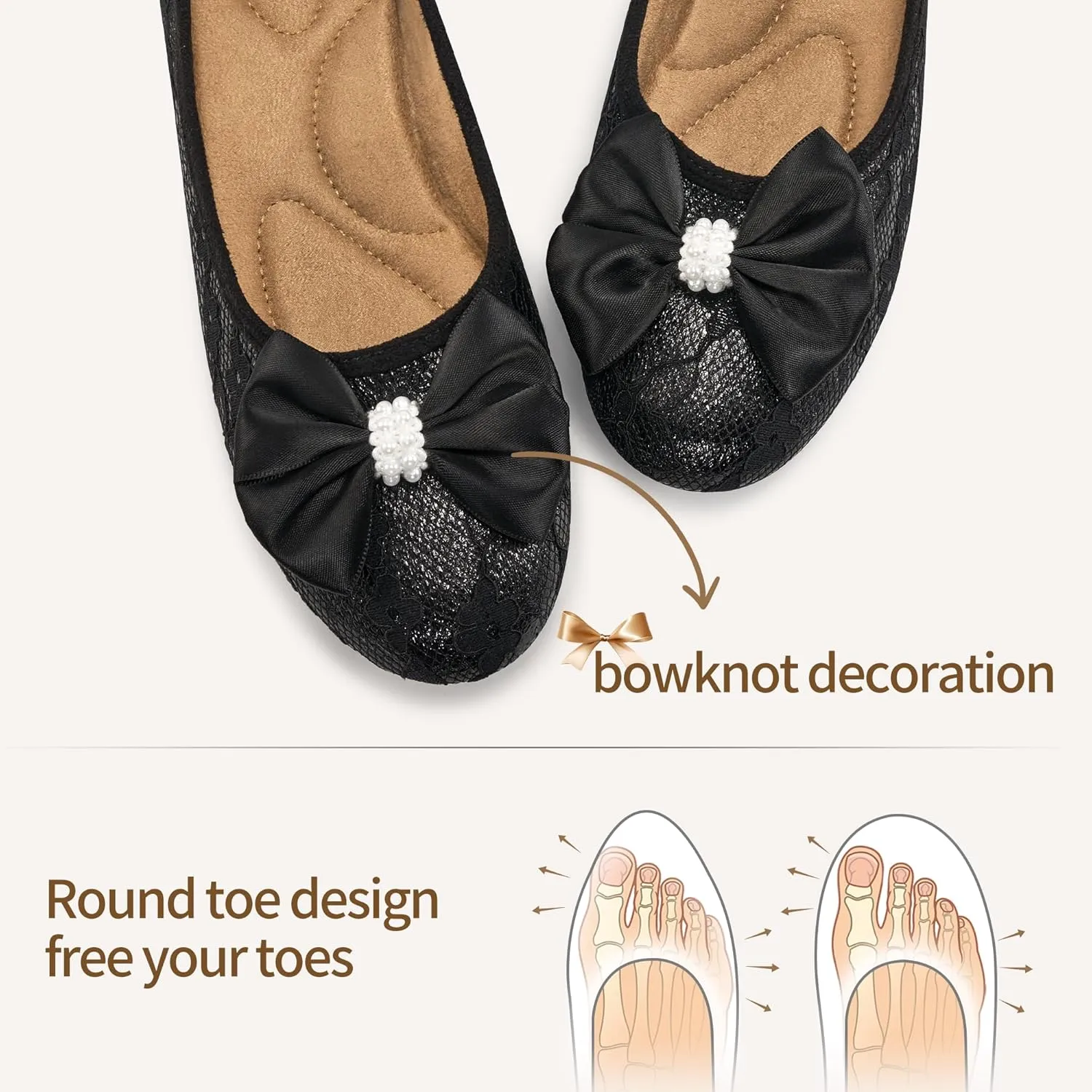 HARENCE Ballet Flats for Women Dressy: Comfortable Round Toe Bow Lace Mesh Wedding Flat Casual Slip On Walking Work Dress Shoes
