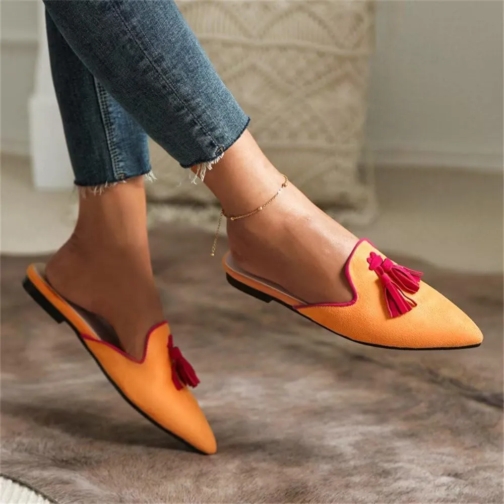Hee grand Women Mules Closed Pointed Toe Tassel Flat Mules Casual Outdoor Slippers Slip On Backless Loafers