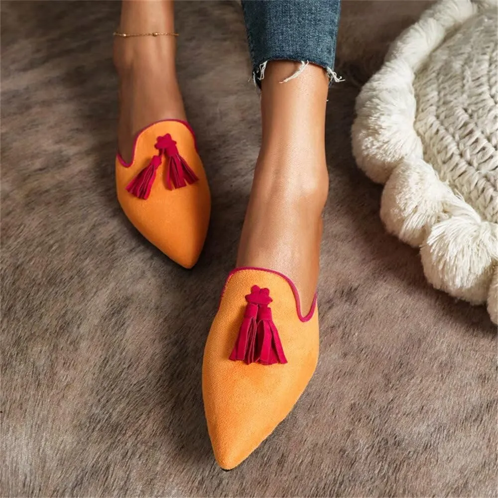 Hee grand Women Mules Closed Pointed Toe Tassel Flat Mules Casual Outdoor Slippers Slip On Backless Loafers