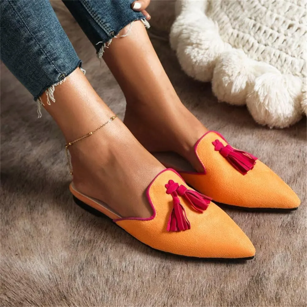 Hee grand Women Mules Closed Pointed Toe Tassel Flat Mules Casual Outdoor Slippers Slip On Backless Loafers