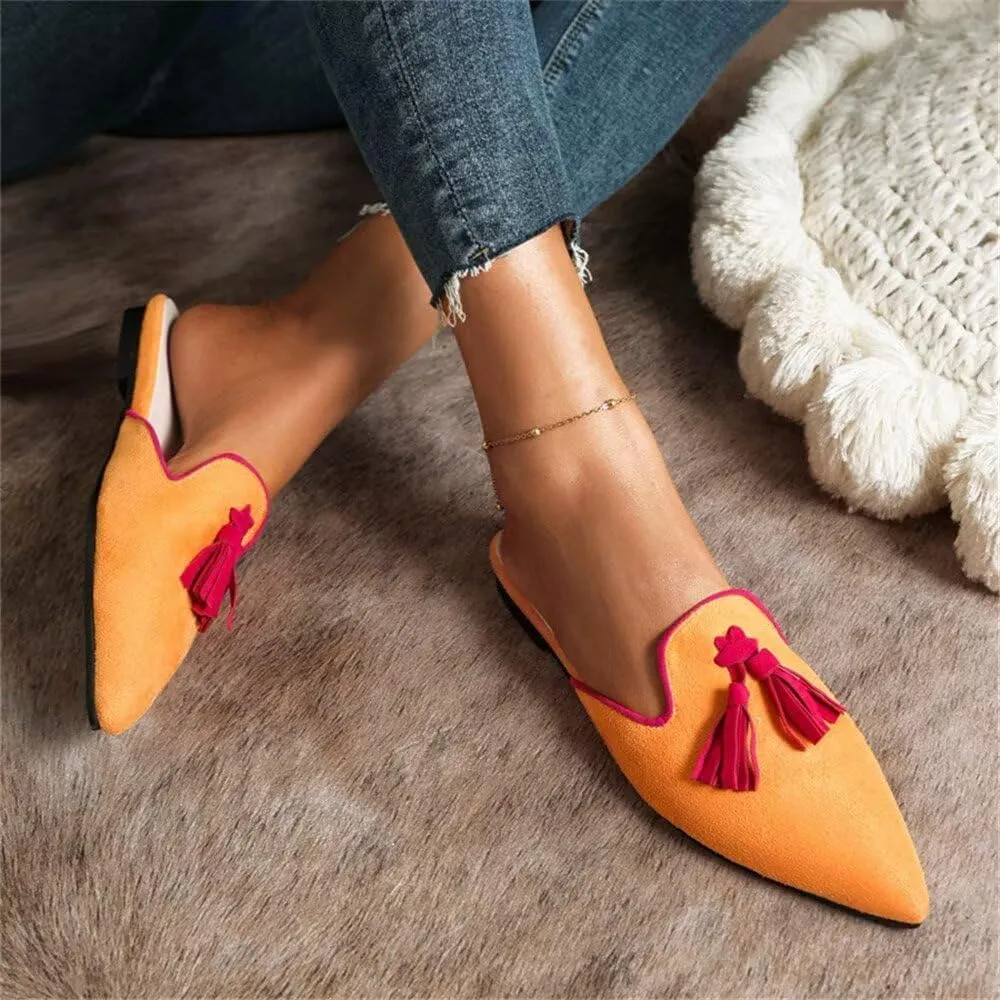 Hee grand Women Mules Closed Pointed Toe Tassel Flat Mules Casual Outdoor Slippers Slip On Backless Loafers